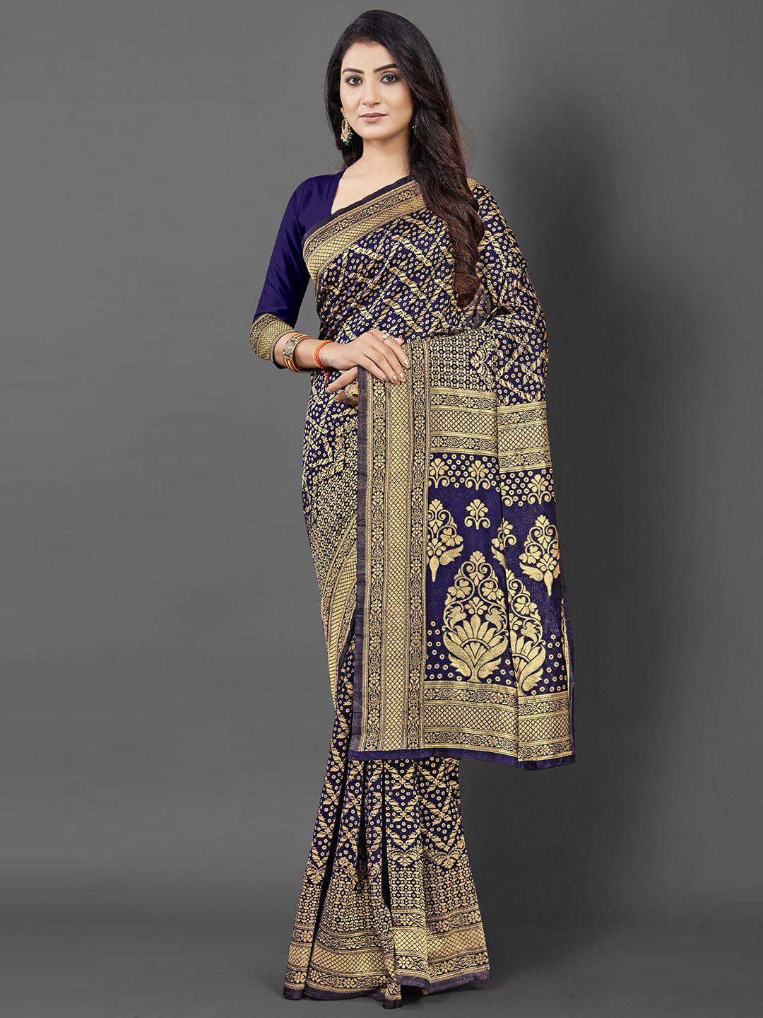 kalini navy blue & gold-toned ethnic motifs silk blend banarasi saree with matching blouse