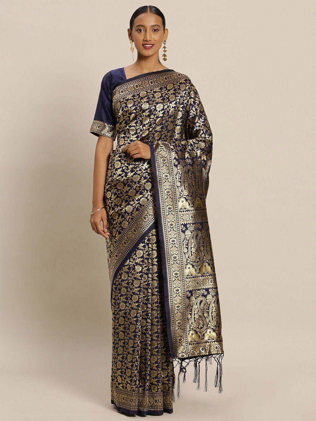 kalini navy blue & gold-toned woven design zari silk blend banarasi saree