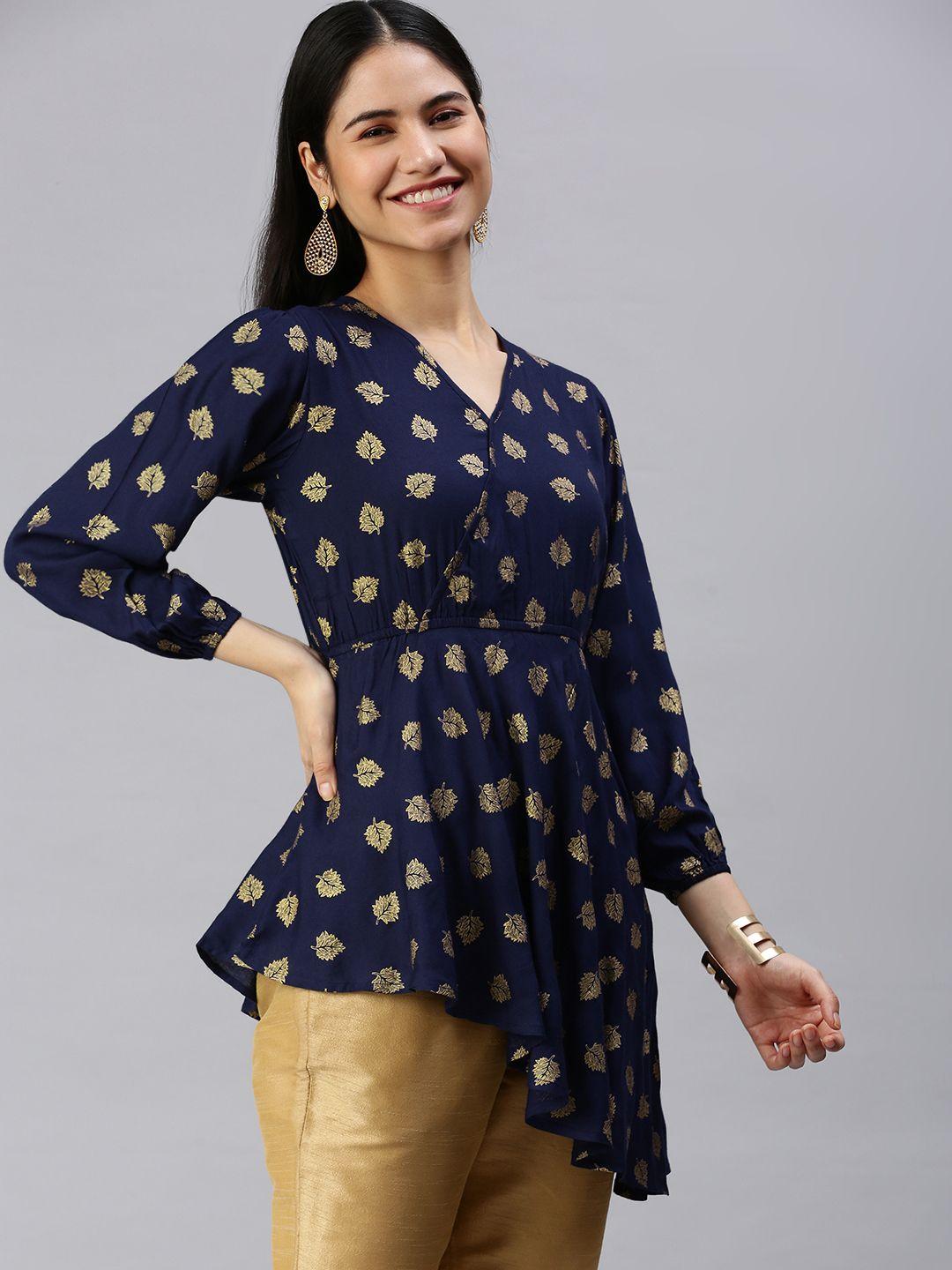 kalini navy blue & golden printed ethnic top