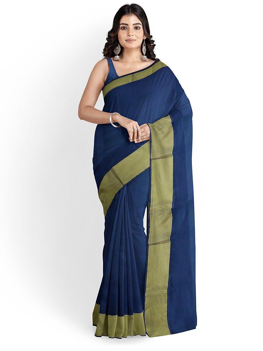 kalini navy blue & green silk cotton plain saree