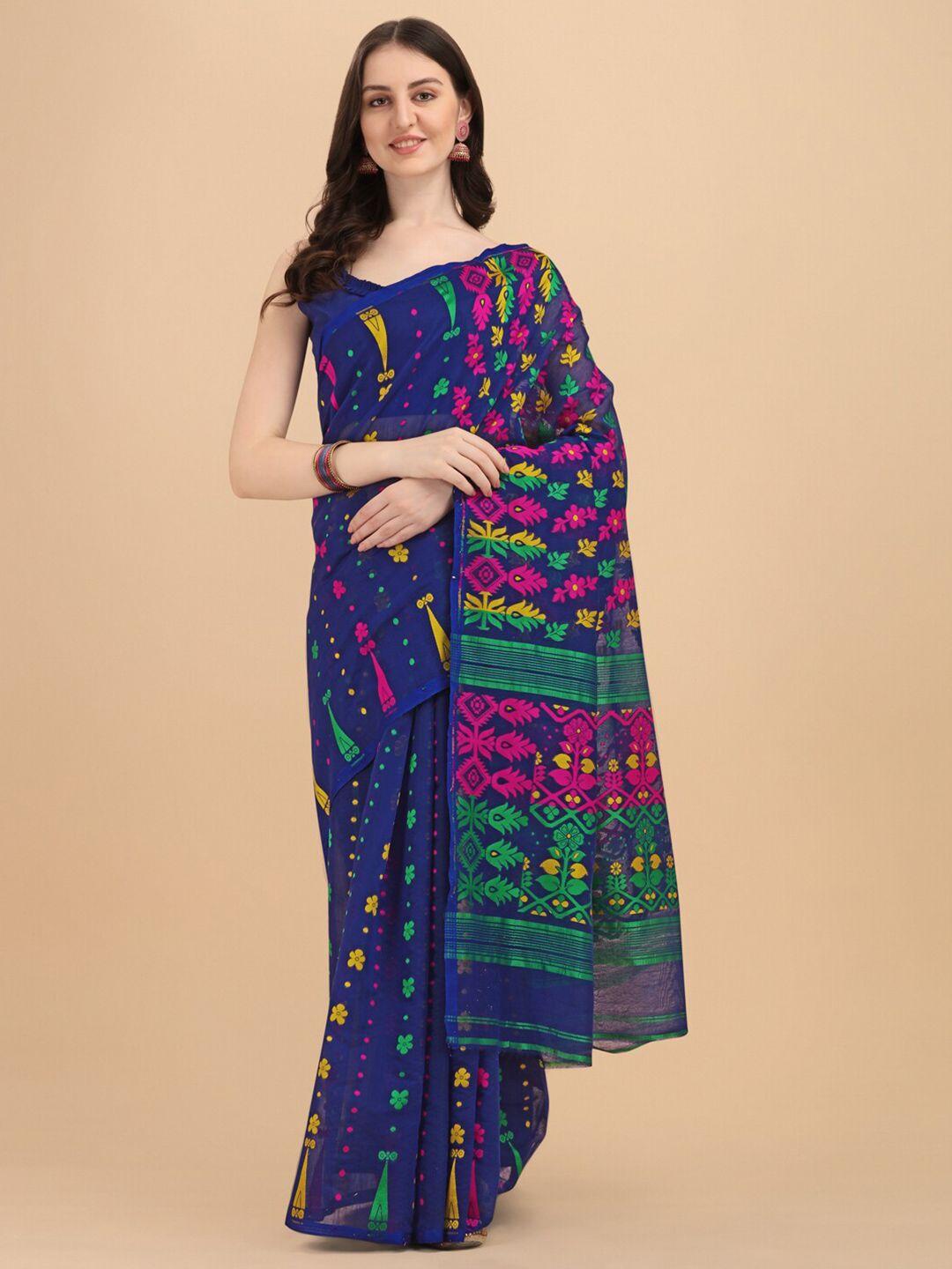 kalini navy blue & multi color floral printed silk cotton jamdani saree