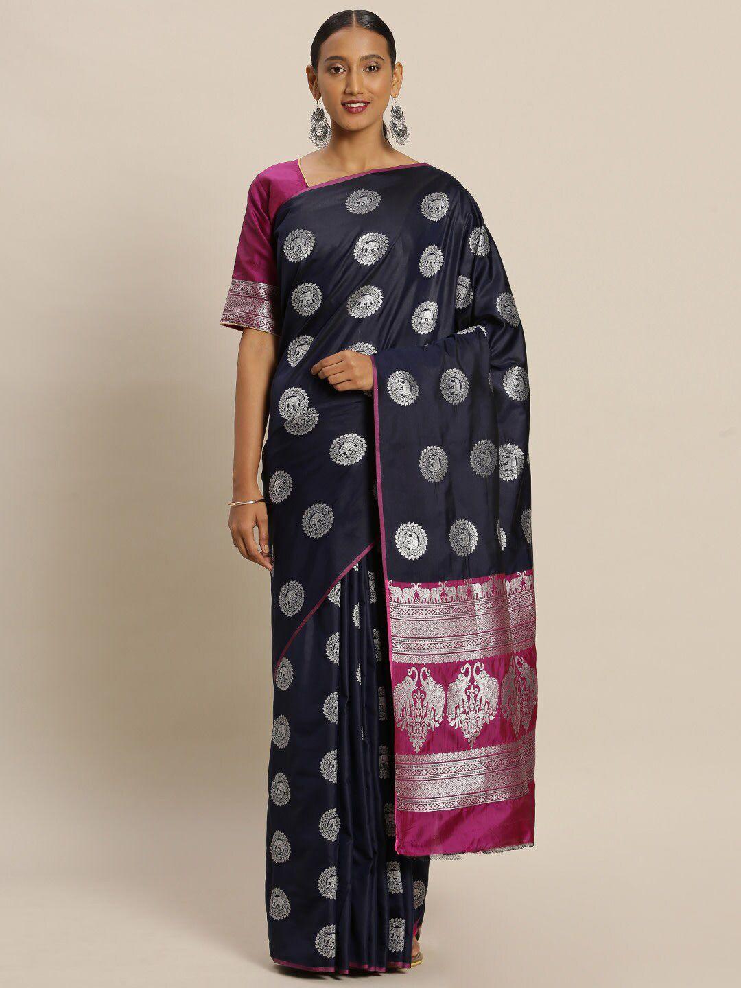 kalini navy blue & pink ethnic motifs zari silk blend banarasi saree