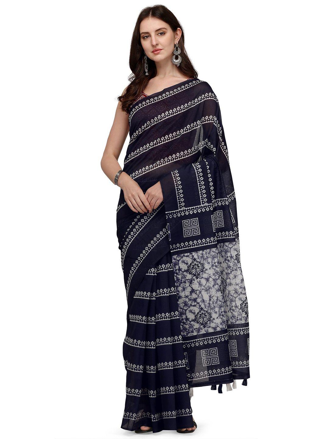 kalini navy blue & white printed linen blend block print saree