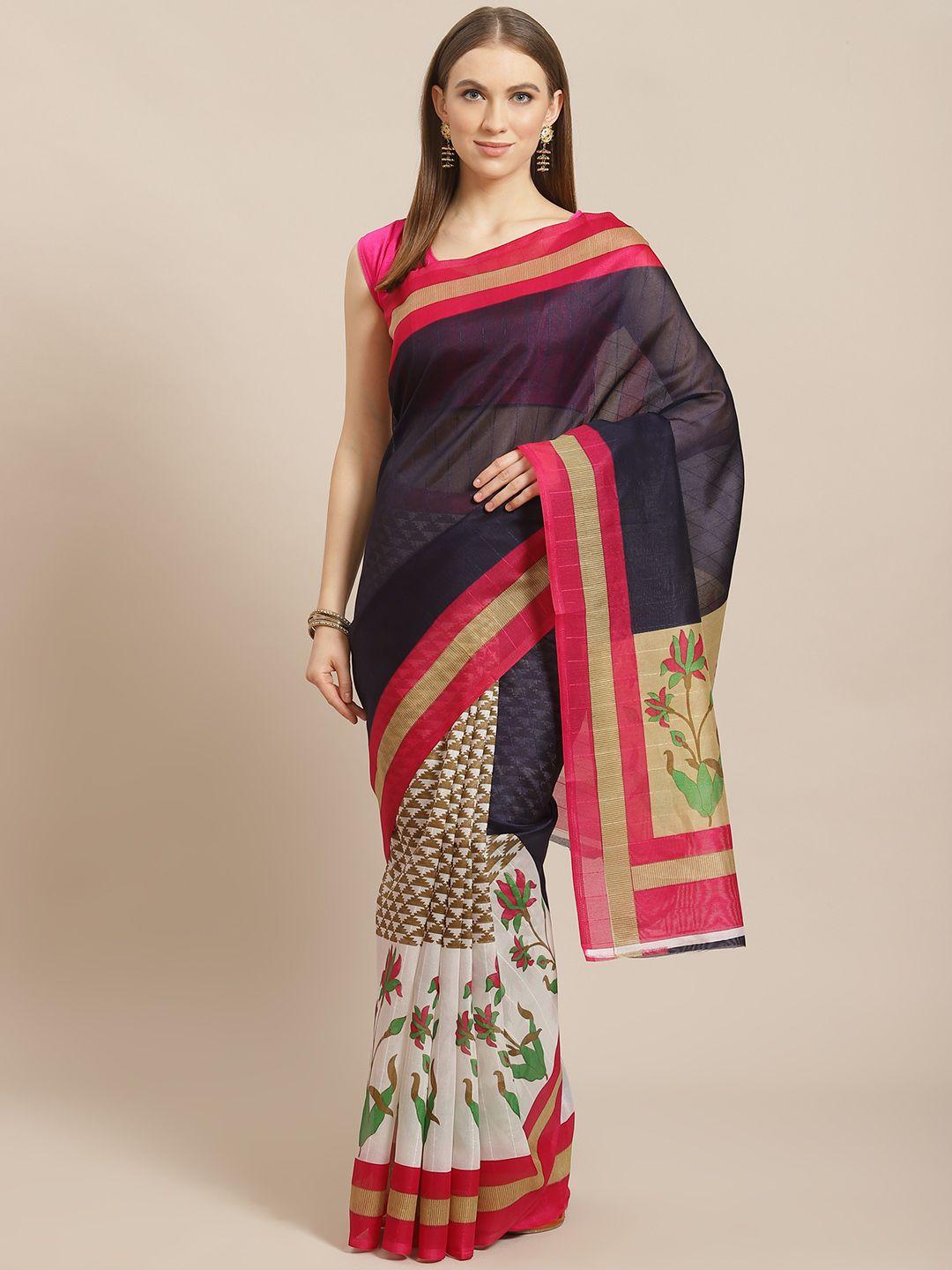 kalini navy blue & white solid half & half kanjeevaram saree