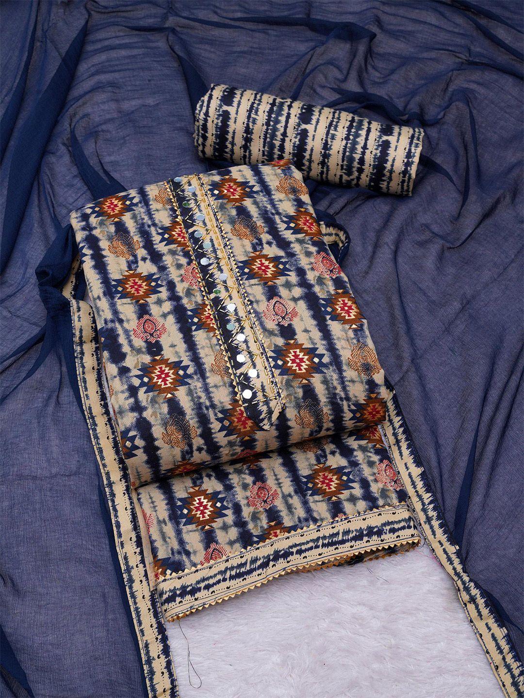 kalini navy blue printed art silk unstitched dress material