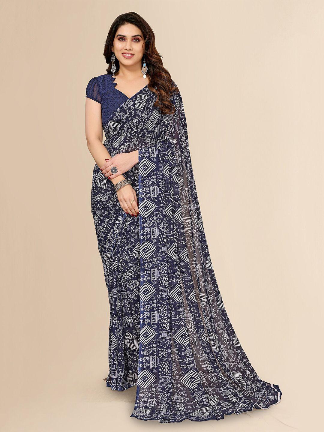 kalini navy blue warli printed saree