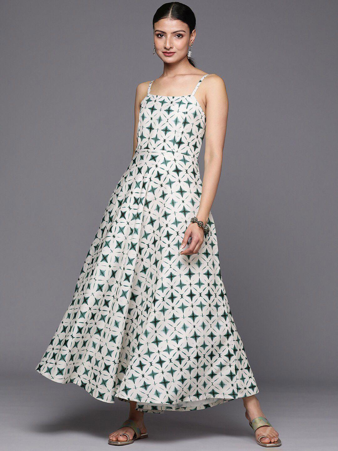 kalini off white & green tie and dye print a-line maxi dress