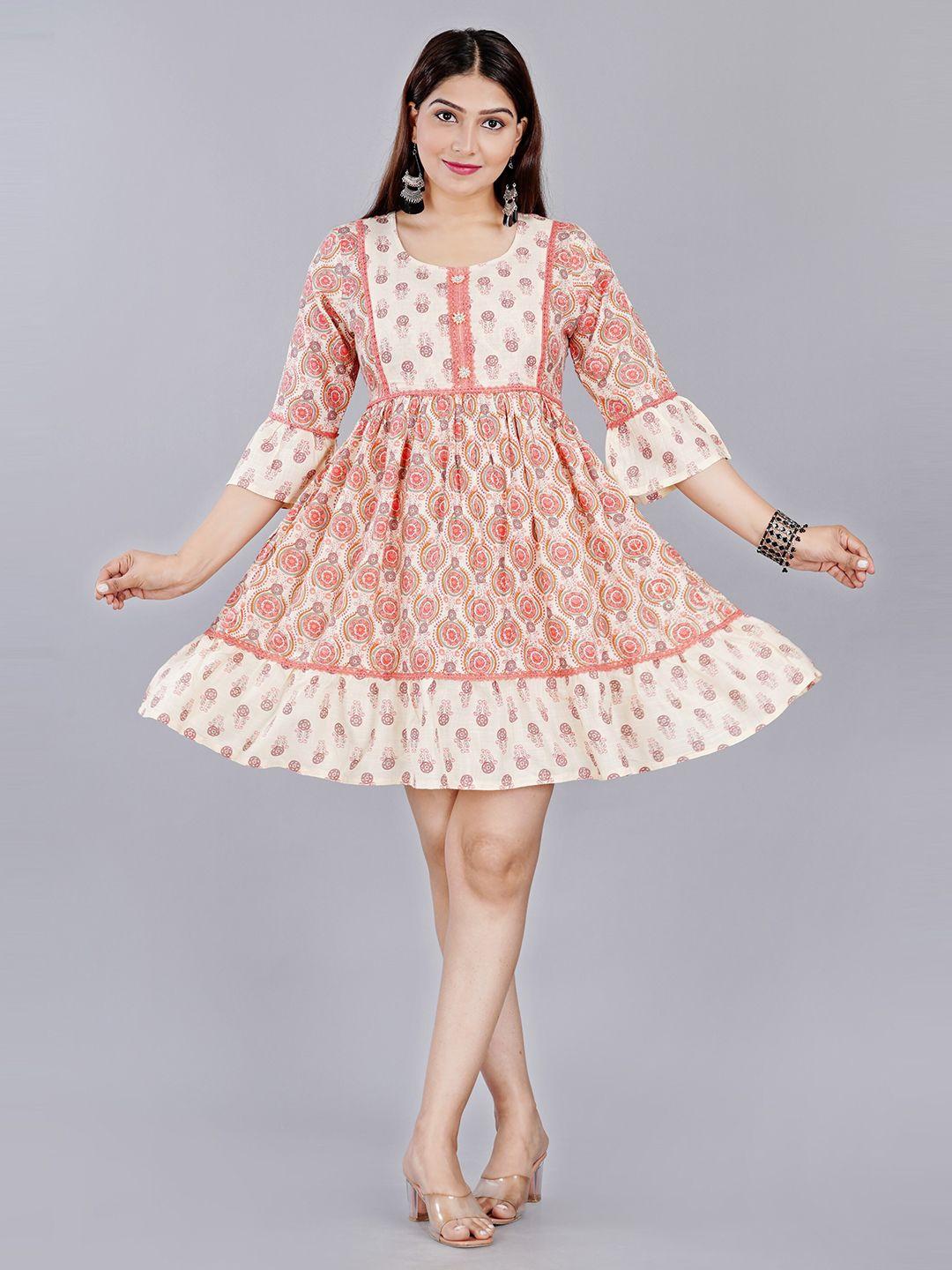 kalini off white & pink ethnic motifs printed a-line mini dress