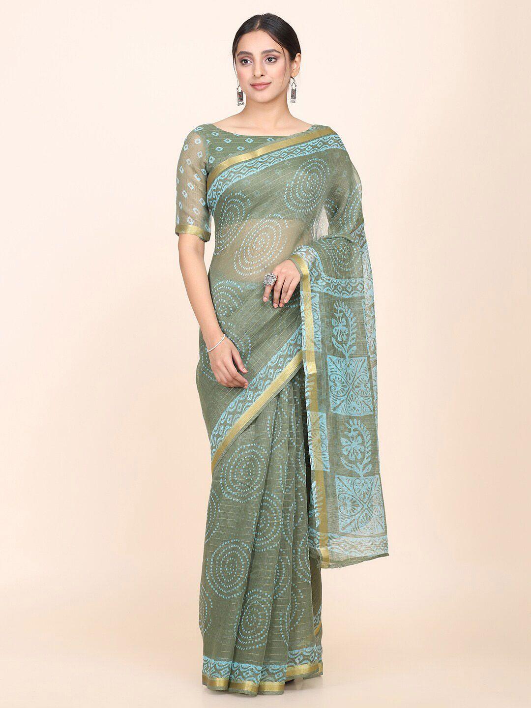 kalini olive green & blue print zari silk cotton saree