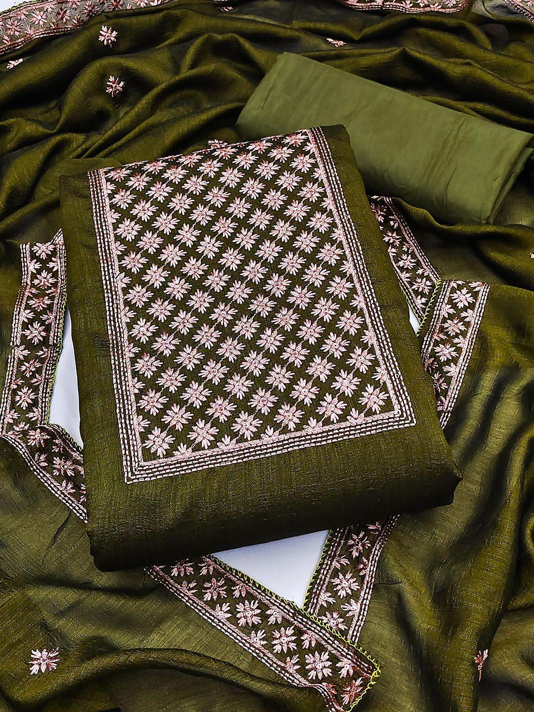 kalini olive green & grey embroidered unstitched dress material