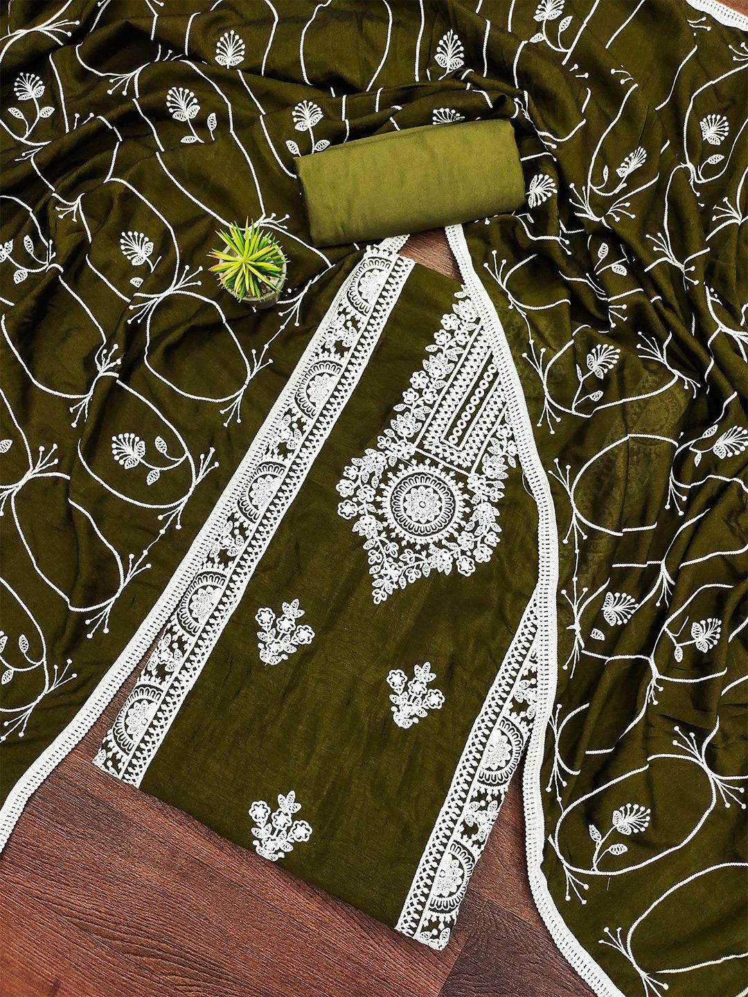 kalini olive green & white embroidered unstitched dress material