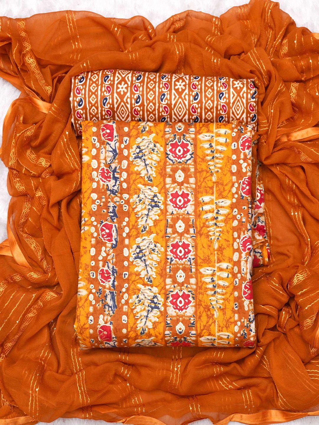 kalini orange & blue printed art silk unstitched dress material