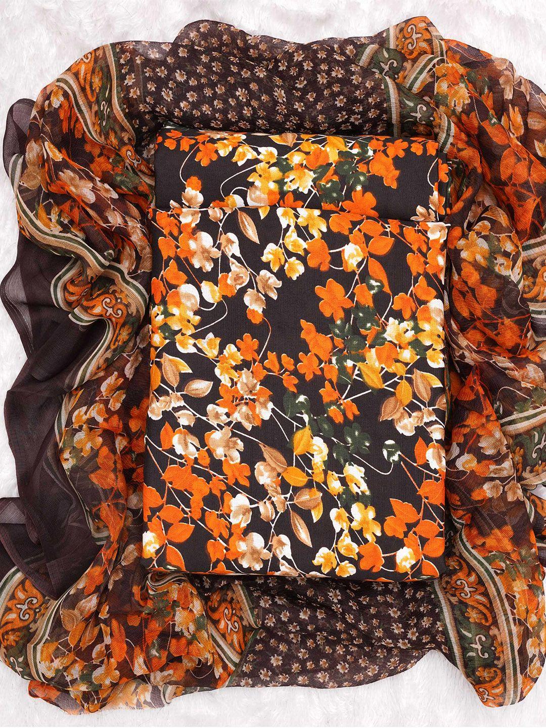 kalini orange & brown printed art silk unstitched dress material