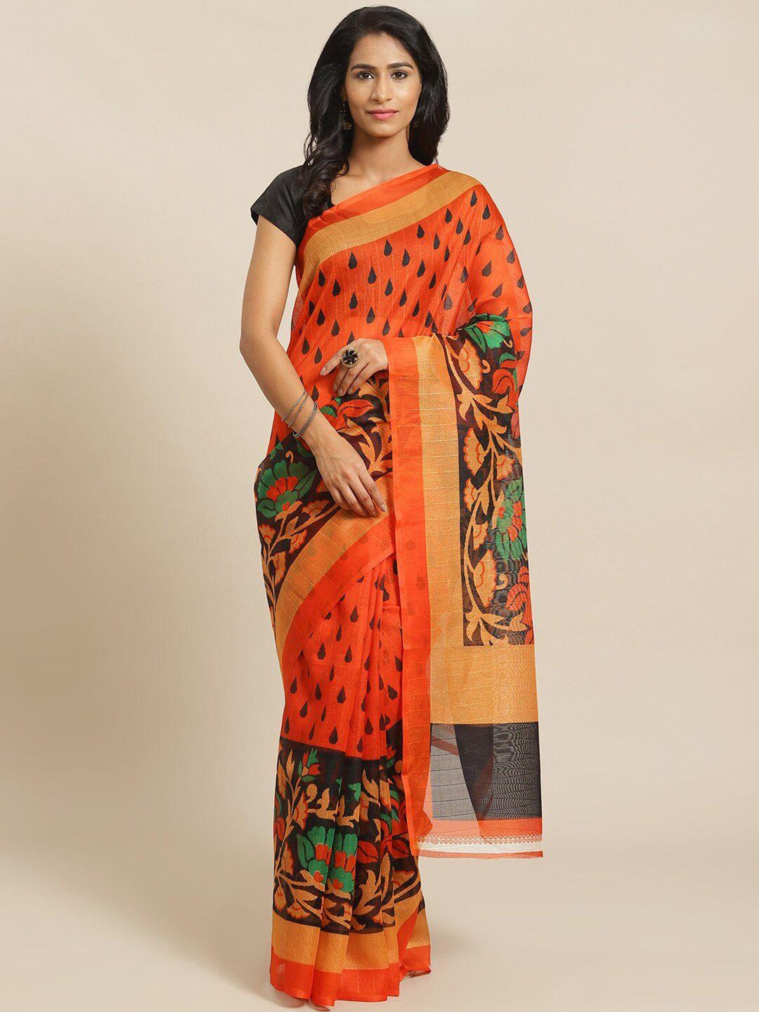 kalini orange & green floral silk blend khadi saree