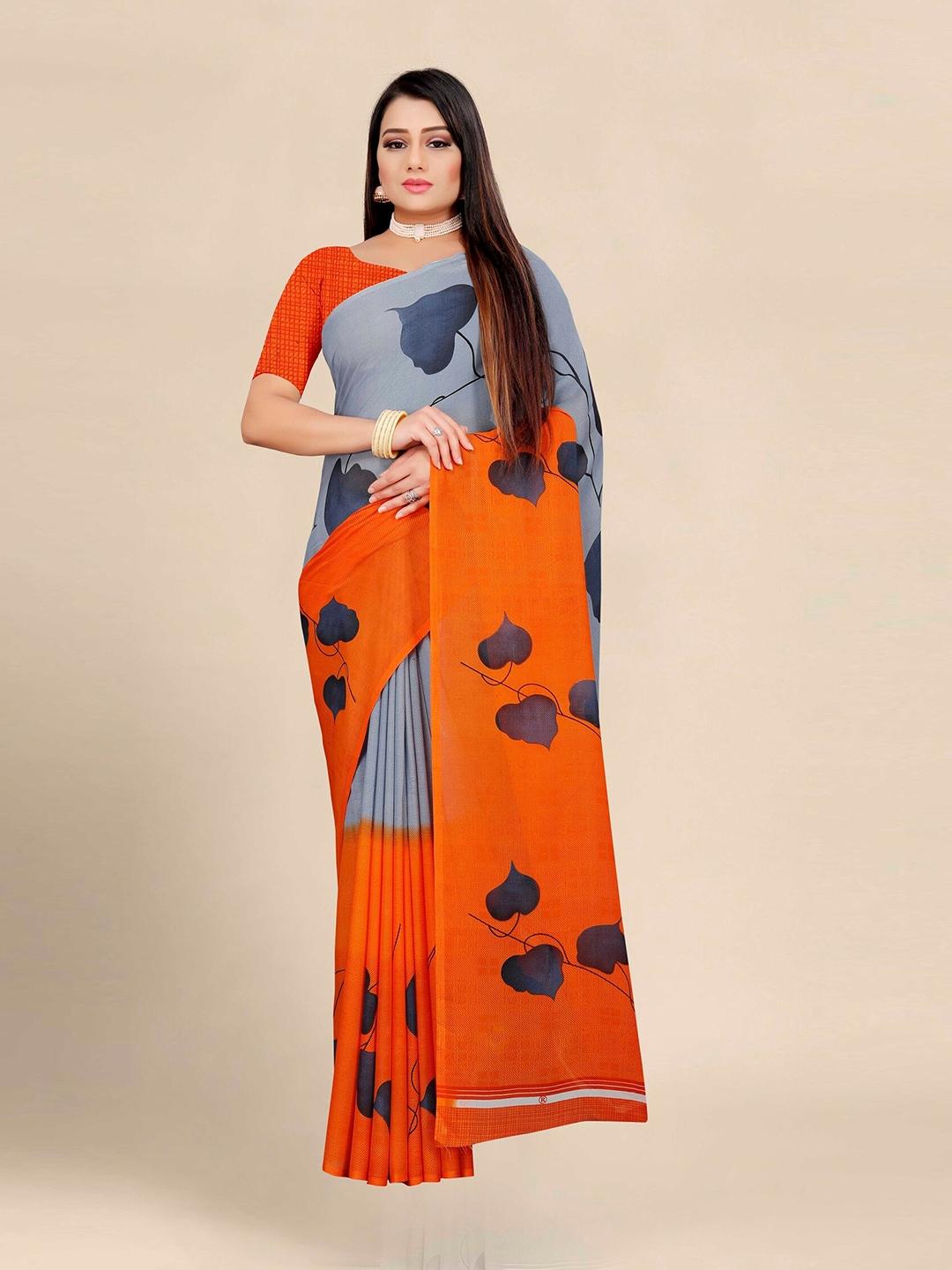 kalini orange & grey floral pure georgette block print saree