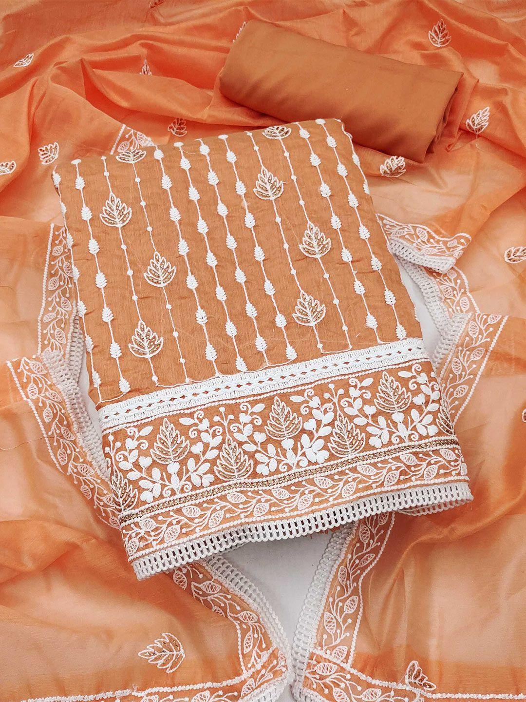 kalini orange & white embroidered art silk unstitched dress material