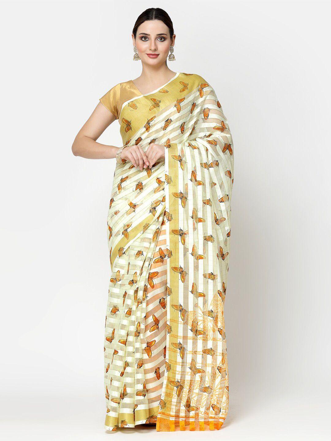 kalini orange & white ethnic motifs silk cotton banarasi saree