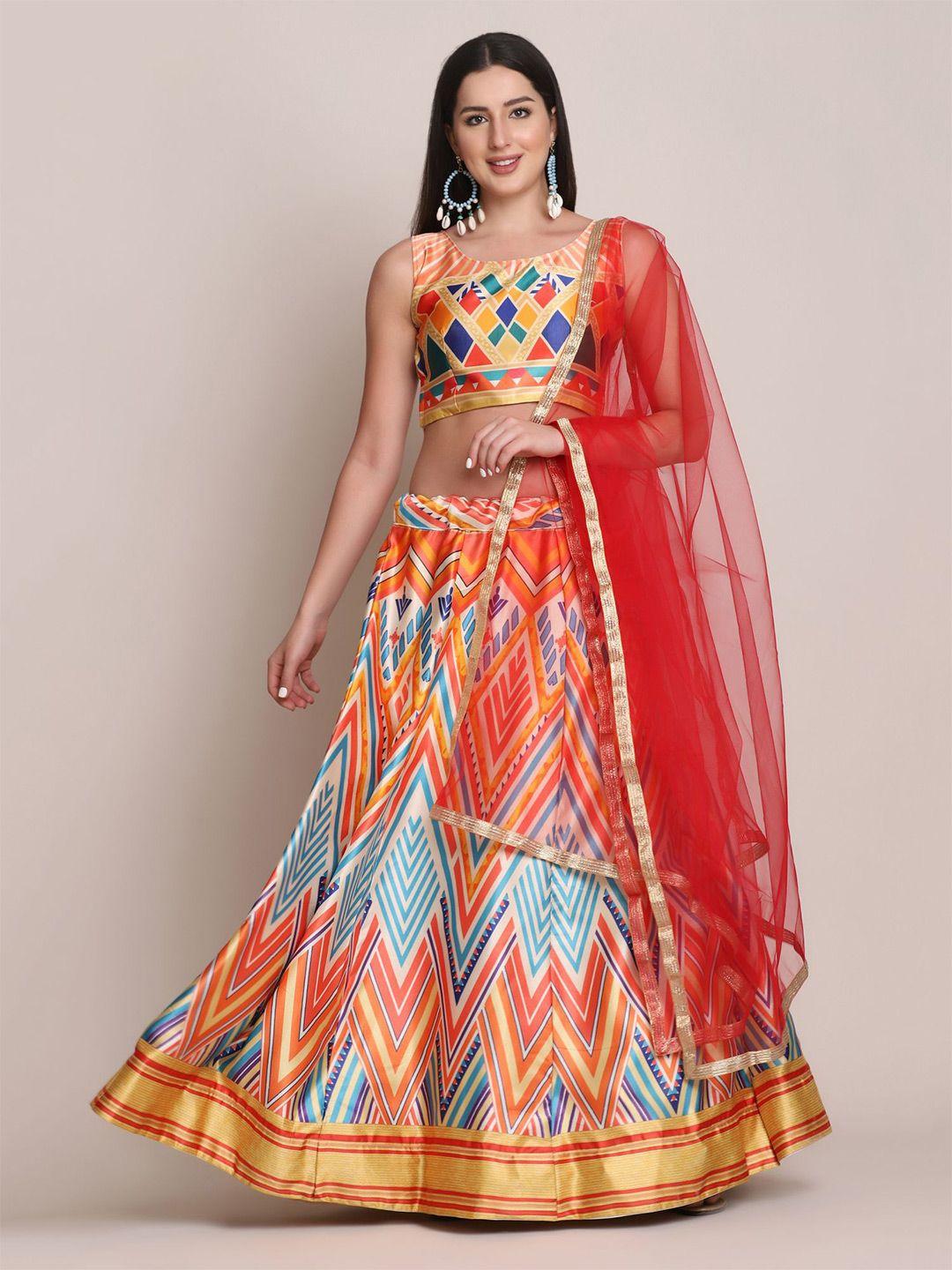 kalini orange & yellow printed semi-stitched lehenga & unstitched blouse with dupatta