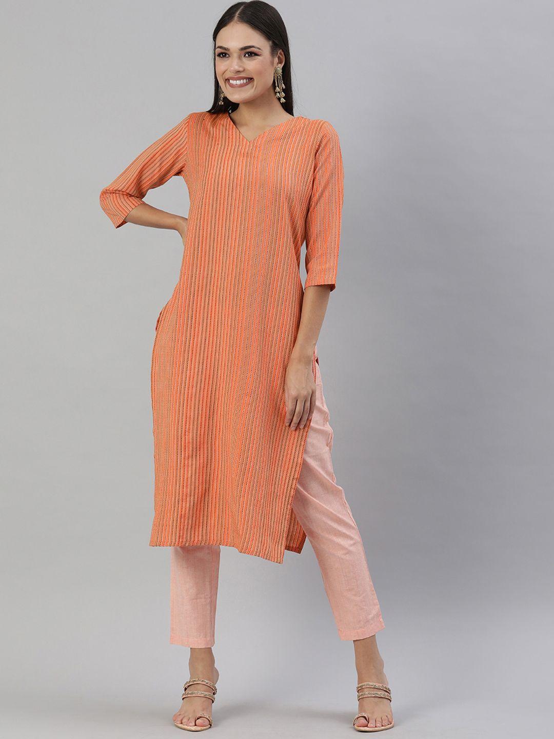 kalini orange striped v-neck kantha work kantha work kurti