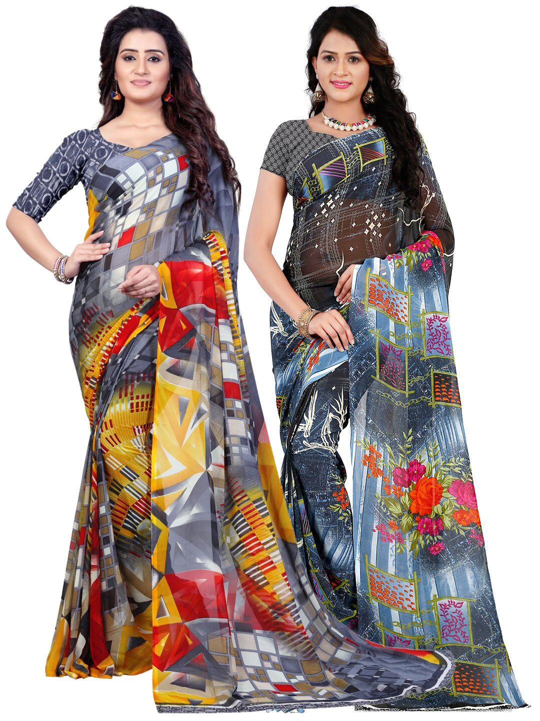 kalini pack of 2 black & grey floral saree