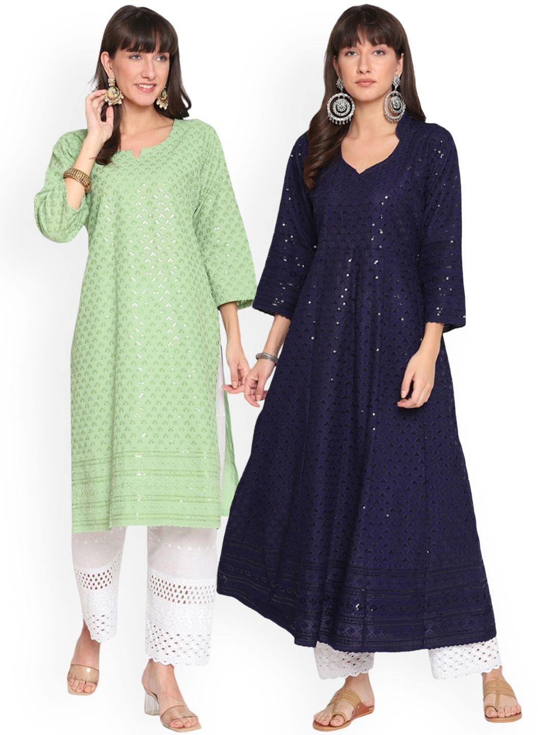 kalini pack of 2 ethnic motifs chikankari embroidered cotton kurta