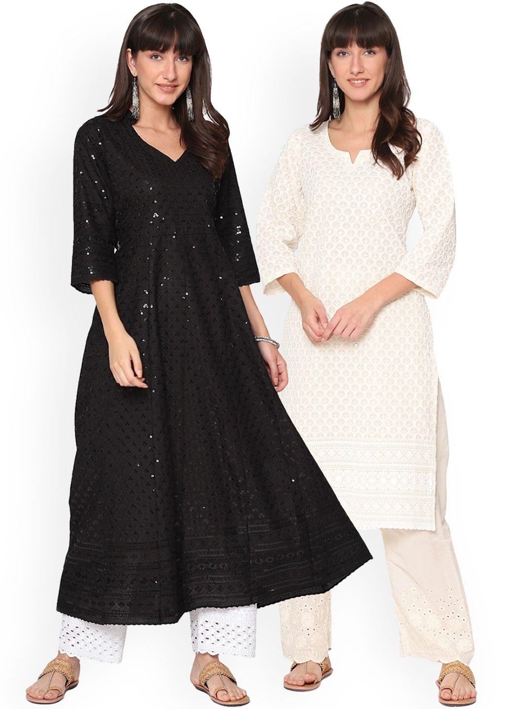 kalini pack of 2 ethnic motifs chikankari embroidered notched neck cotton kurta