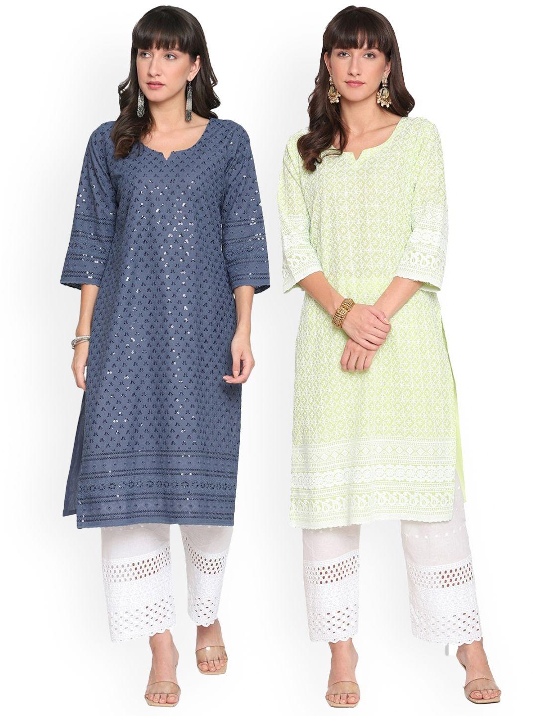 kalini pack of 2 ethnic motifs embroidered chikankari kurta