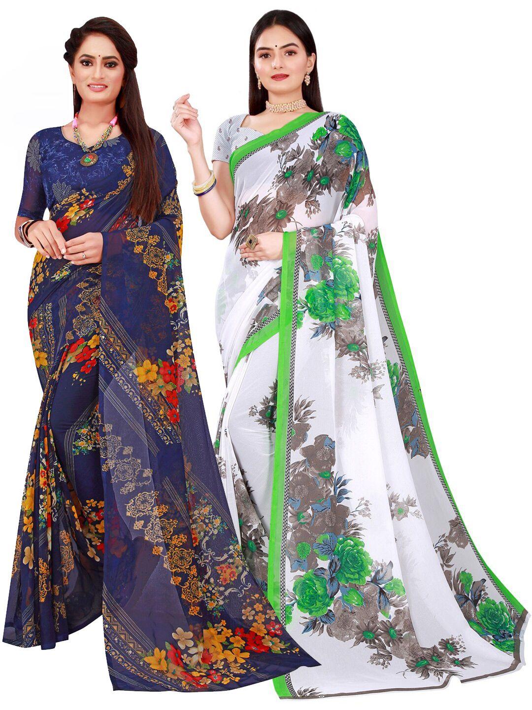 kalini pack of 2 navy blue & white floral printed pure georgette saree