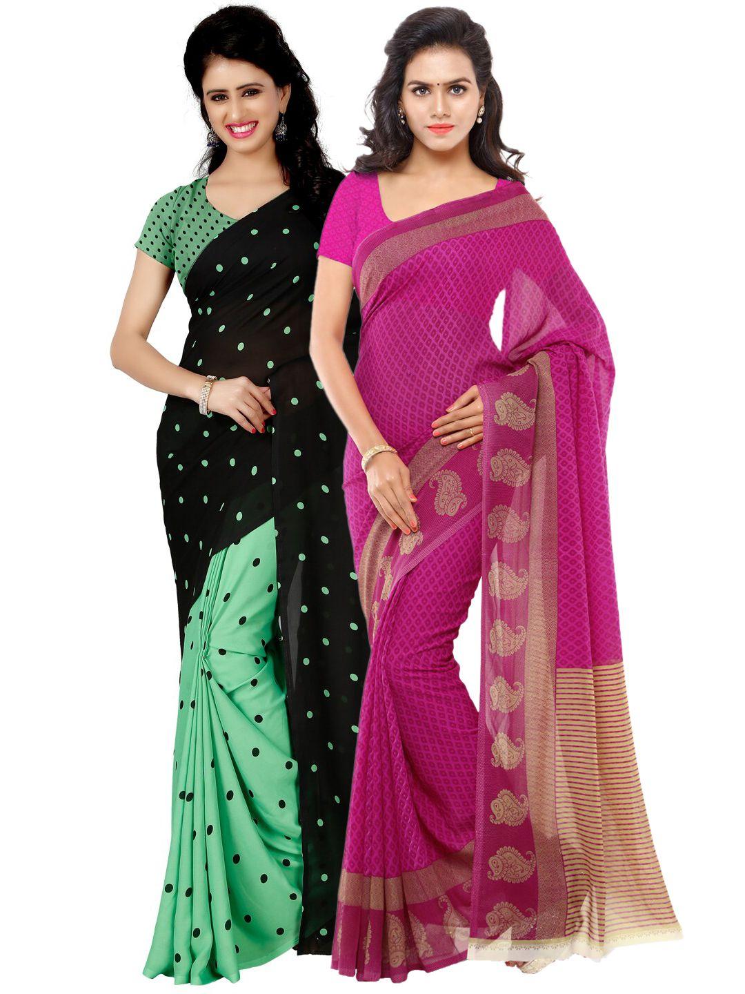 kalini pack of 2 pink & black ethnic motifs poly georgette saree