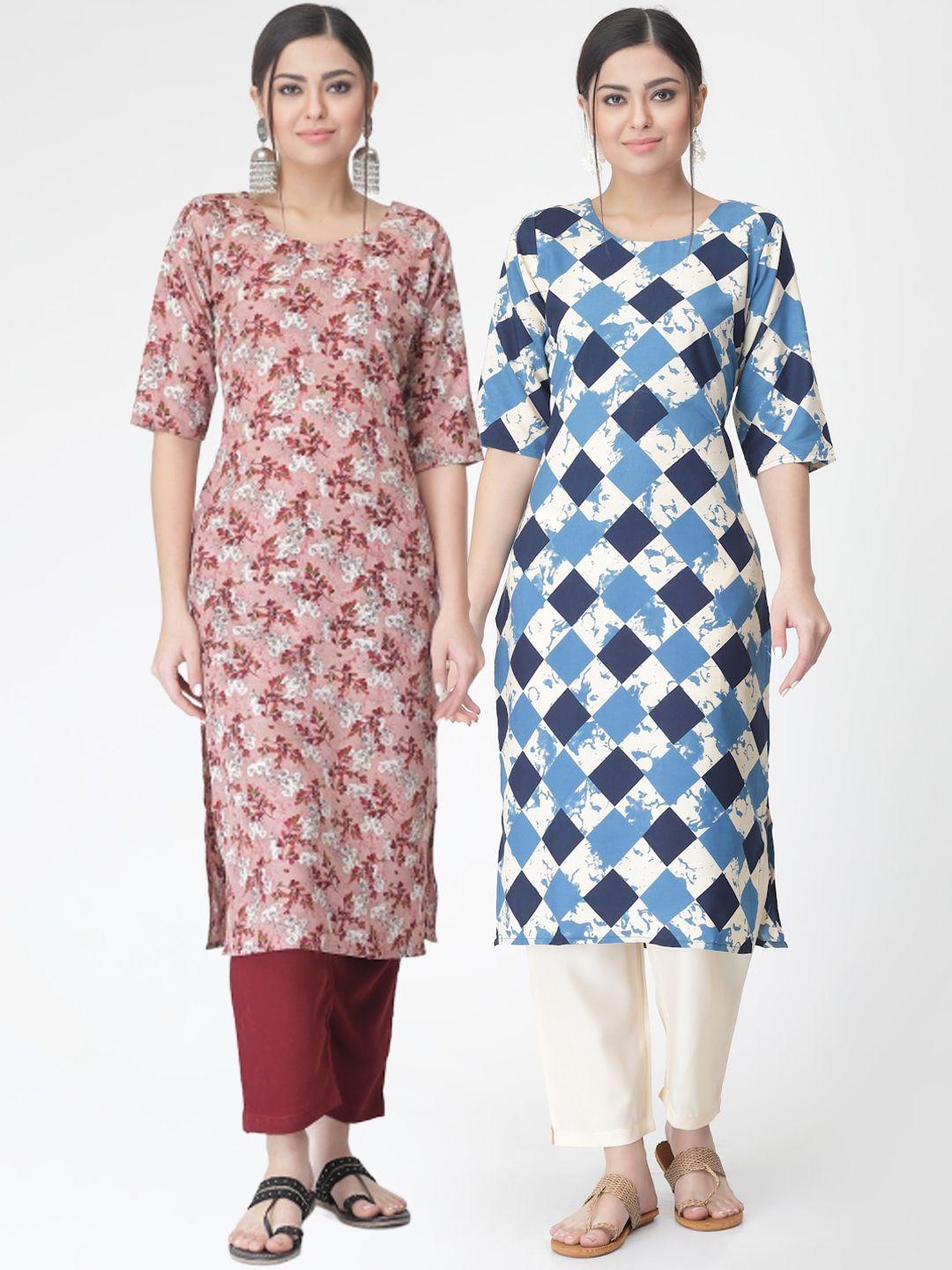 kalini pack of 2 printed straight kurta with trousers