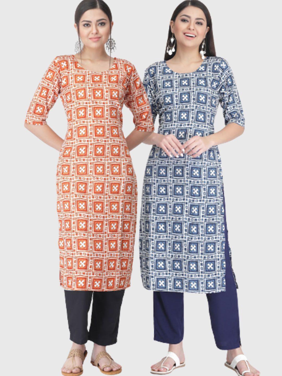 kalini pack of 2 printed straight kurta with trousers