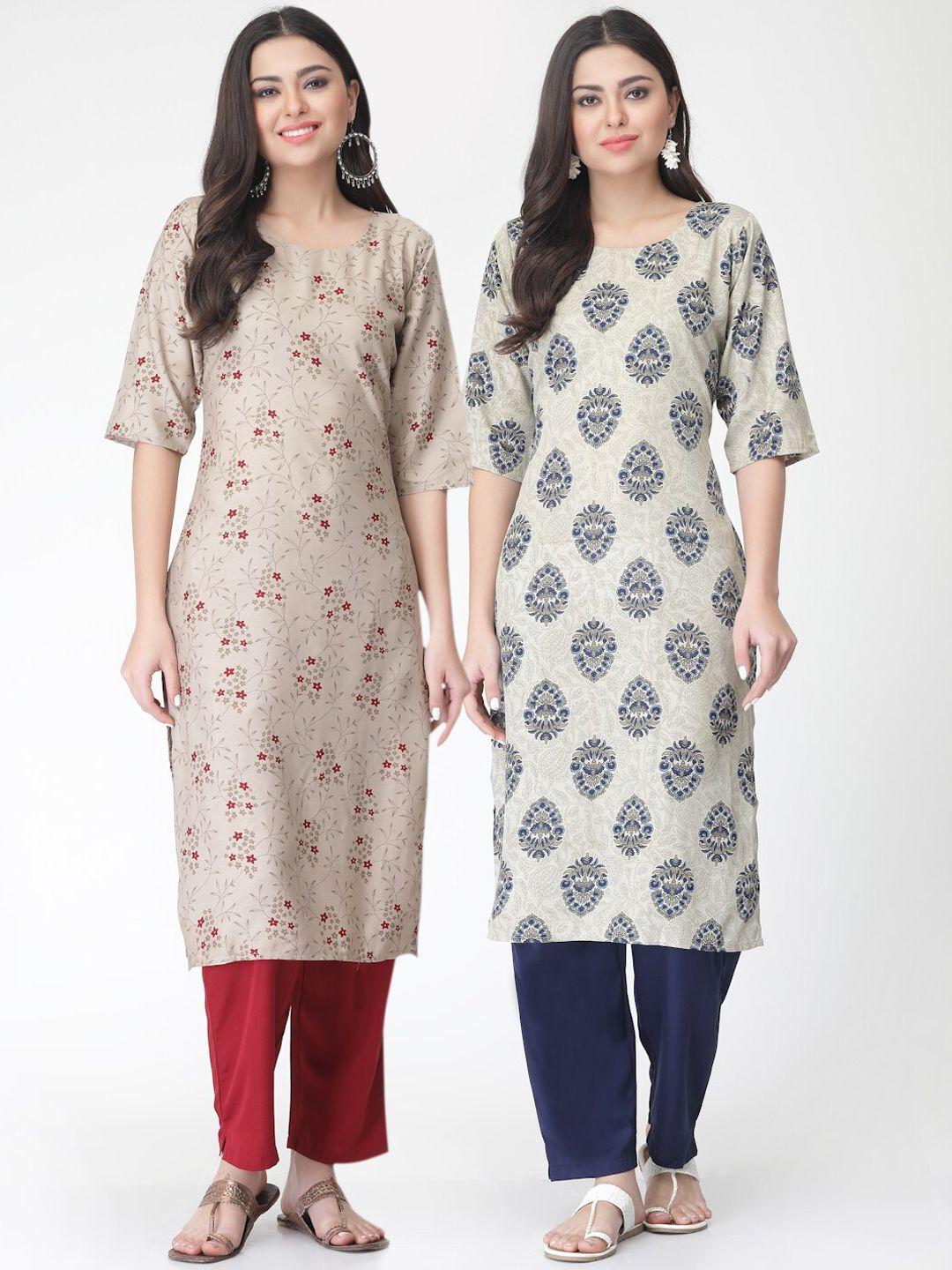 kalini pack of 2 printed straight kurta with trousers