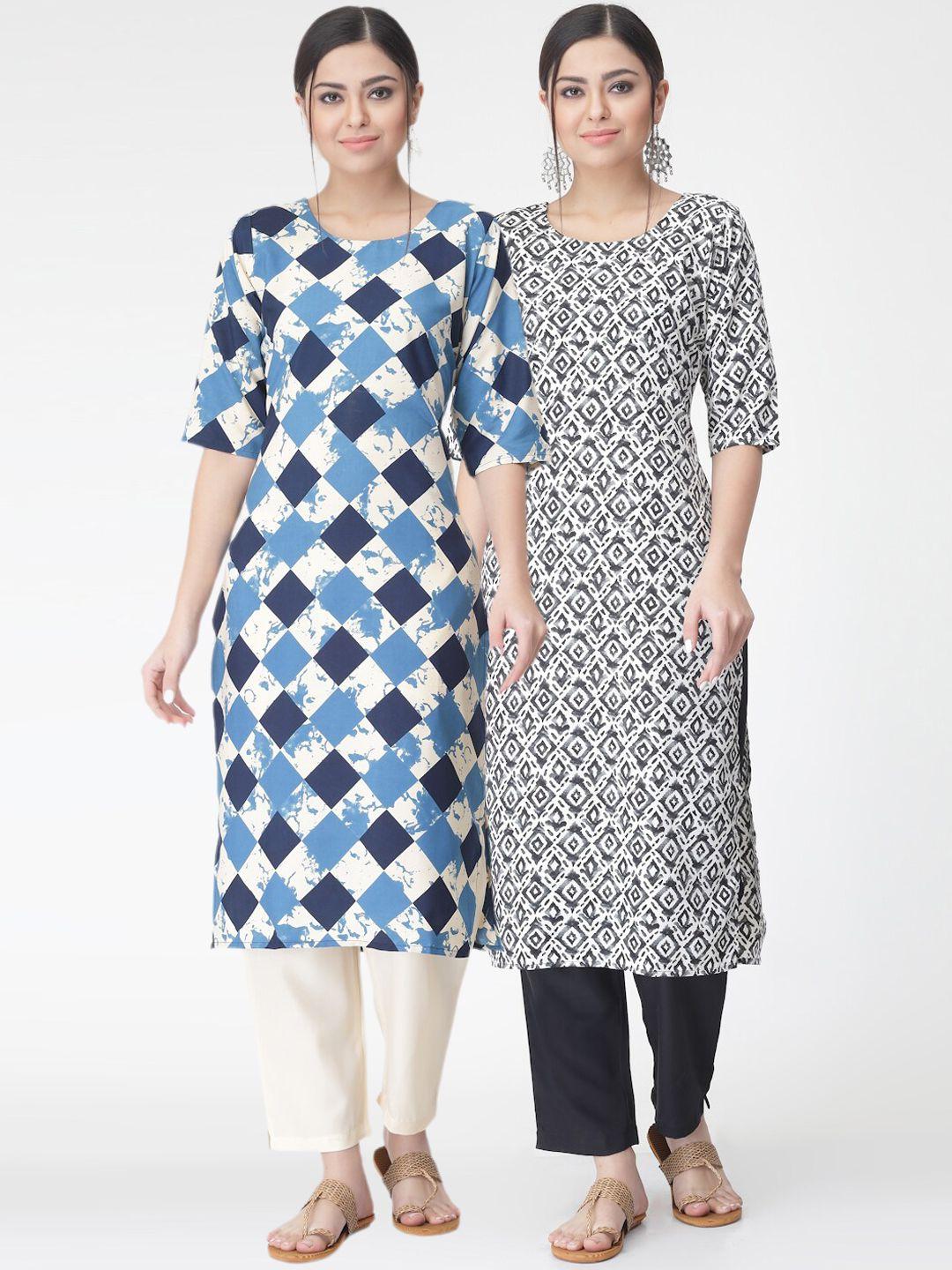 kalini pack of 2 printed straight kurta with trousers