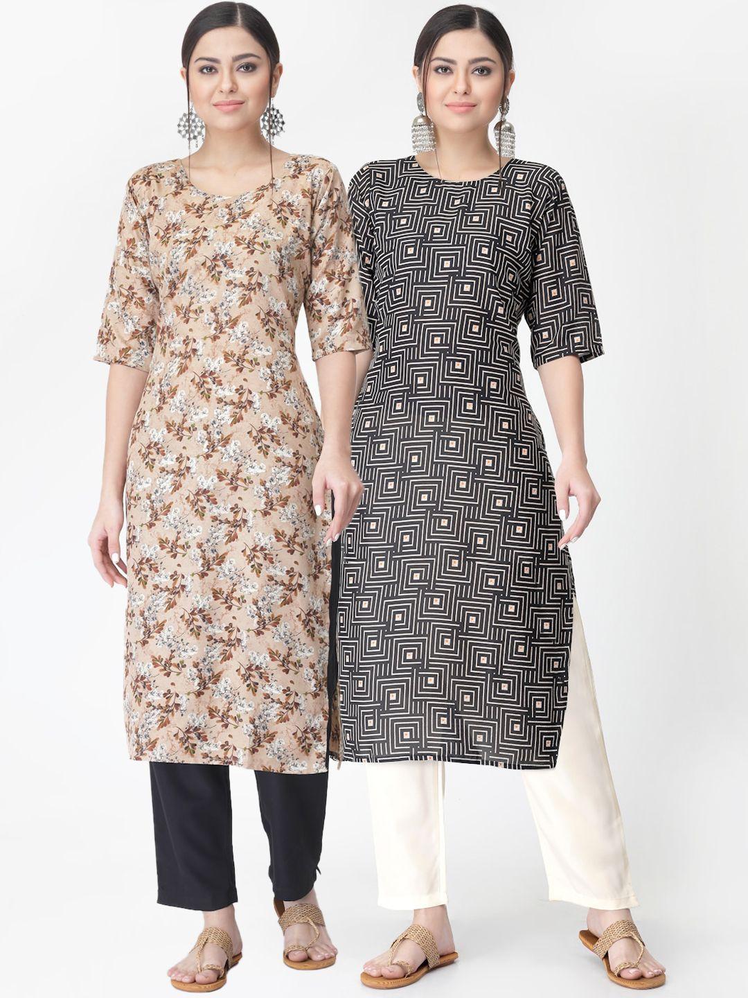 kalini pack of 2 printed straight kurta with trousers