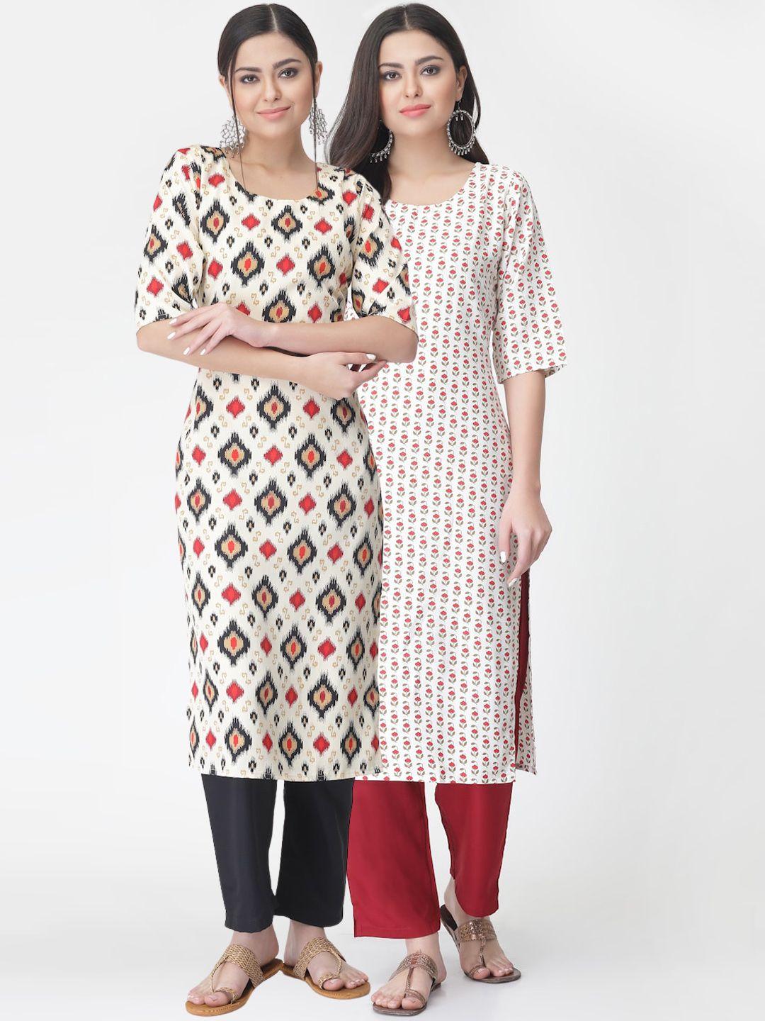 kalini pack of 2 printed straight kurta with trousers