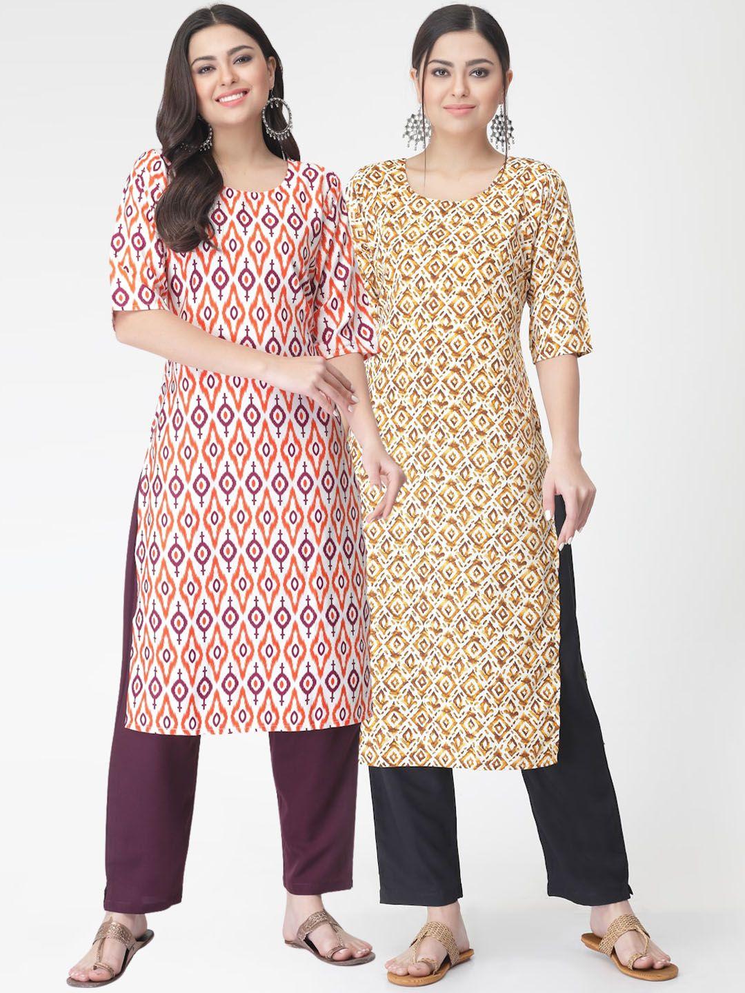 kalini pack of 2 printed straight kurta with trousers