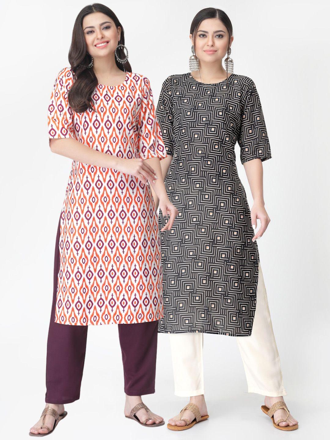 kalini pack of 2 printed straight kurta with trousers