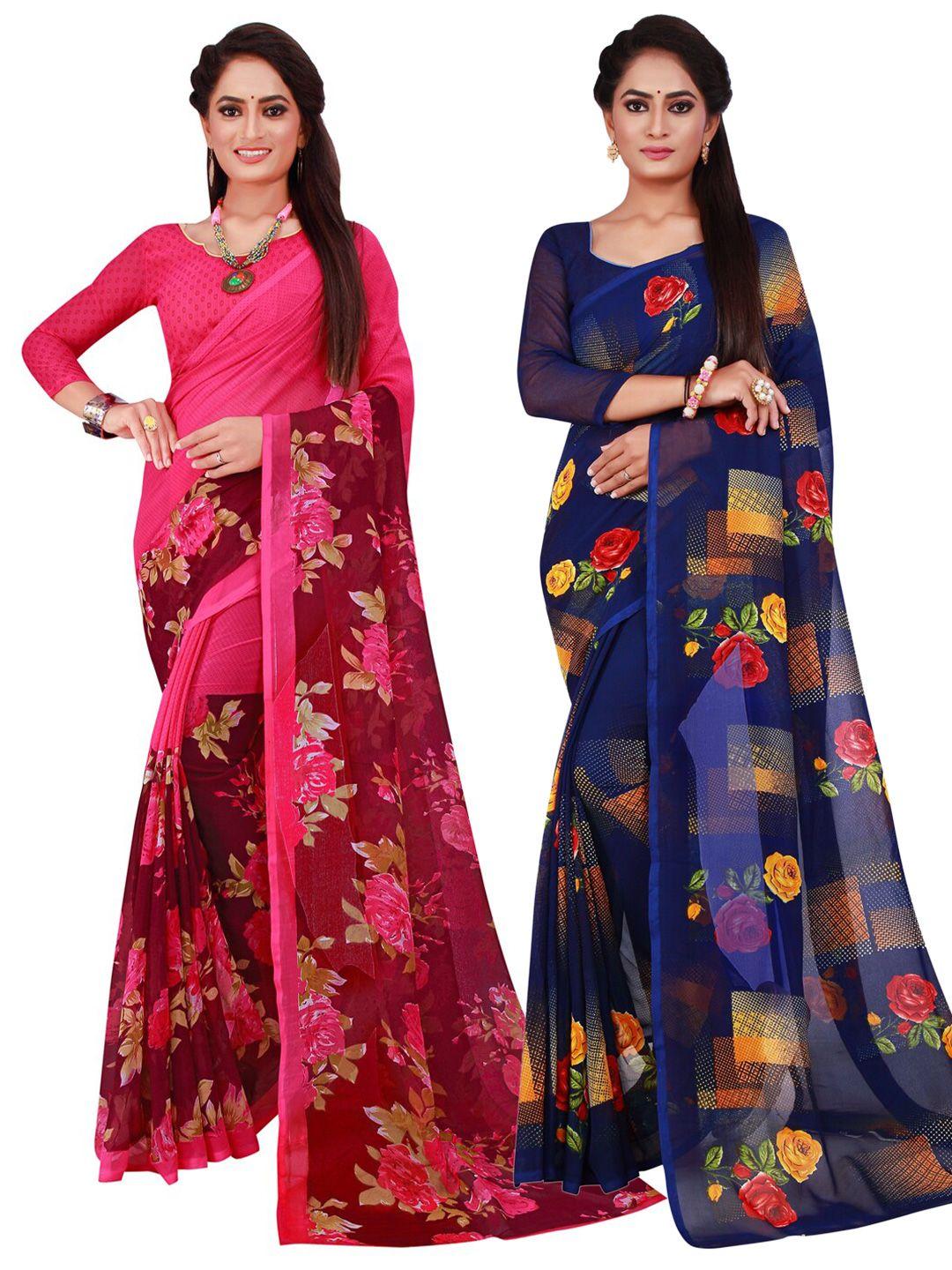 kalini pack of 2 pure navy blue & pink floral  pure georgette saree