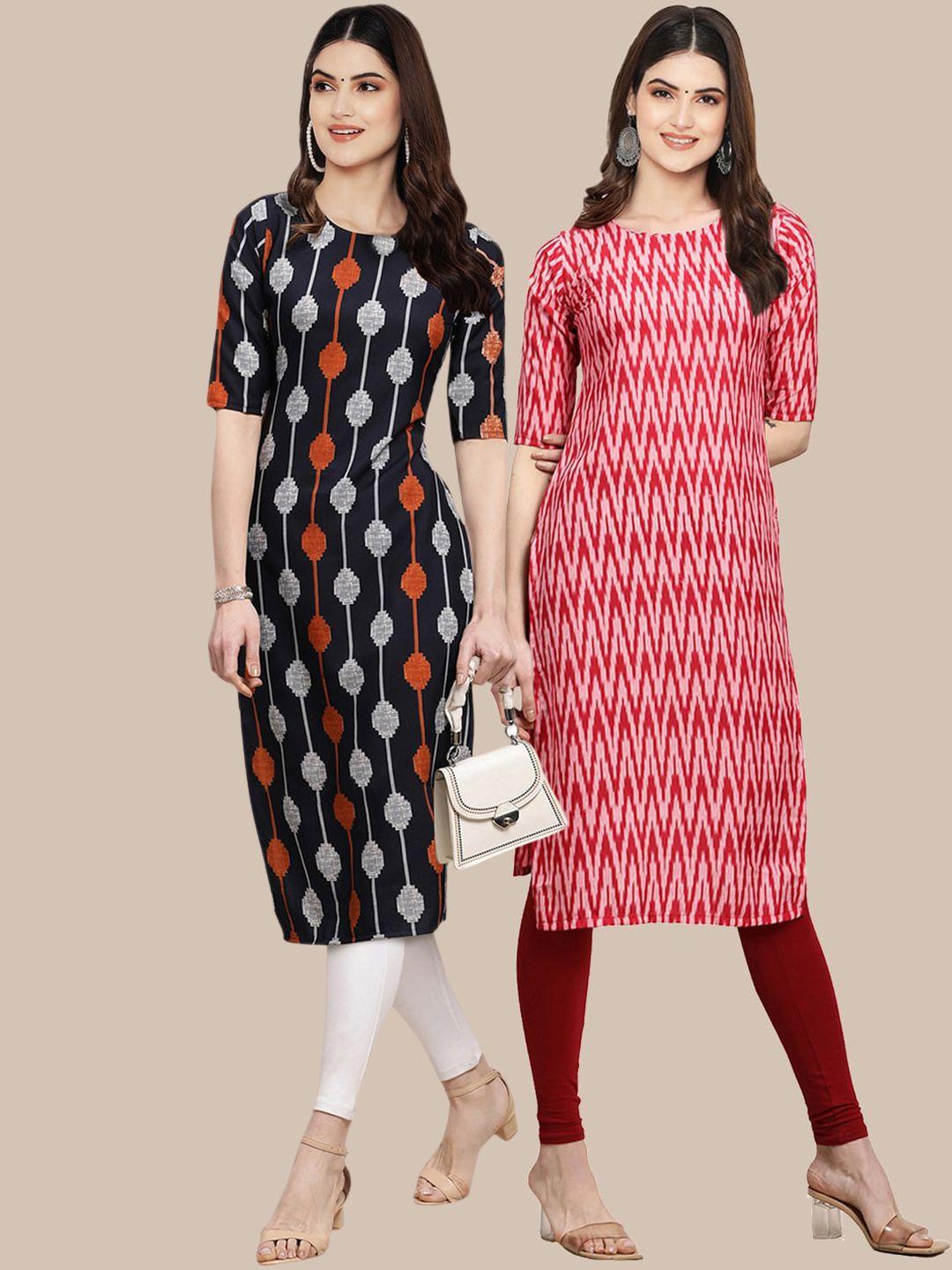 kalini pack of 2 women black & red printed block print crepe kurta