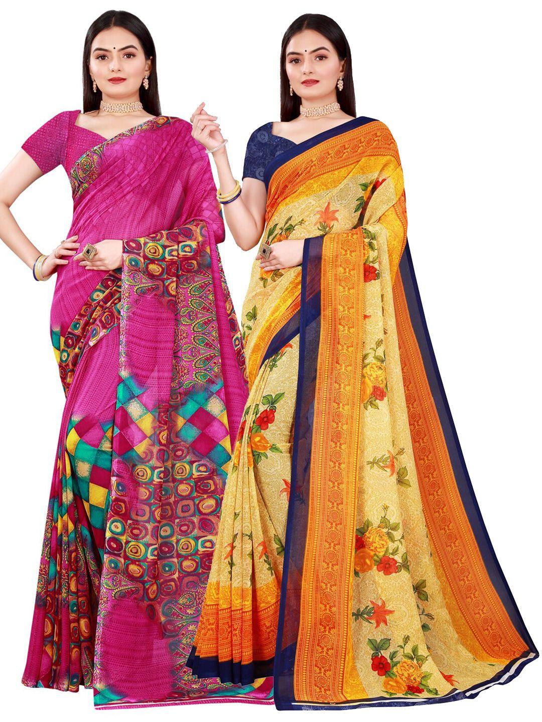 kalini pack of 2 yellow & pink ethnic motifs pure georgette saree