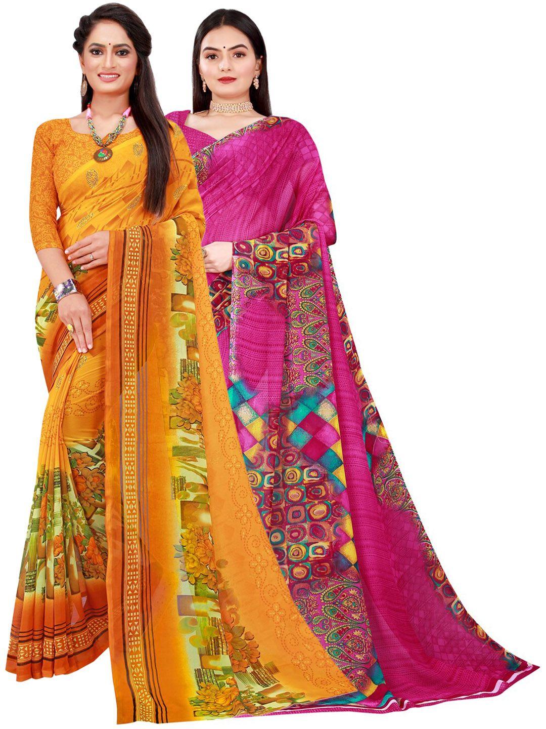 kalini pack of 2 yellow & pink floral pure georgette saree