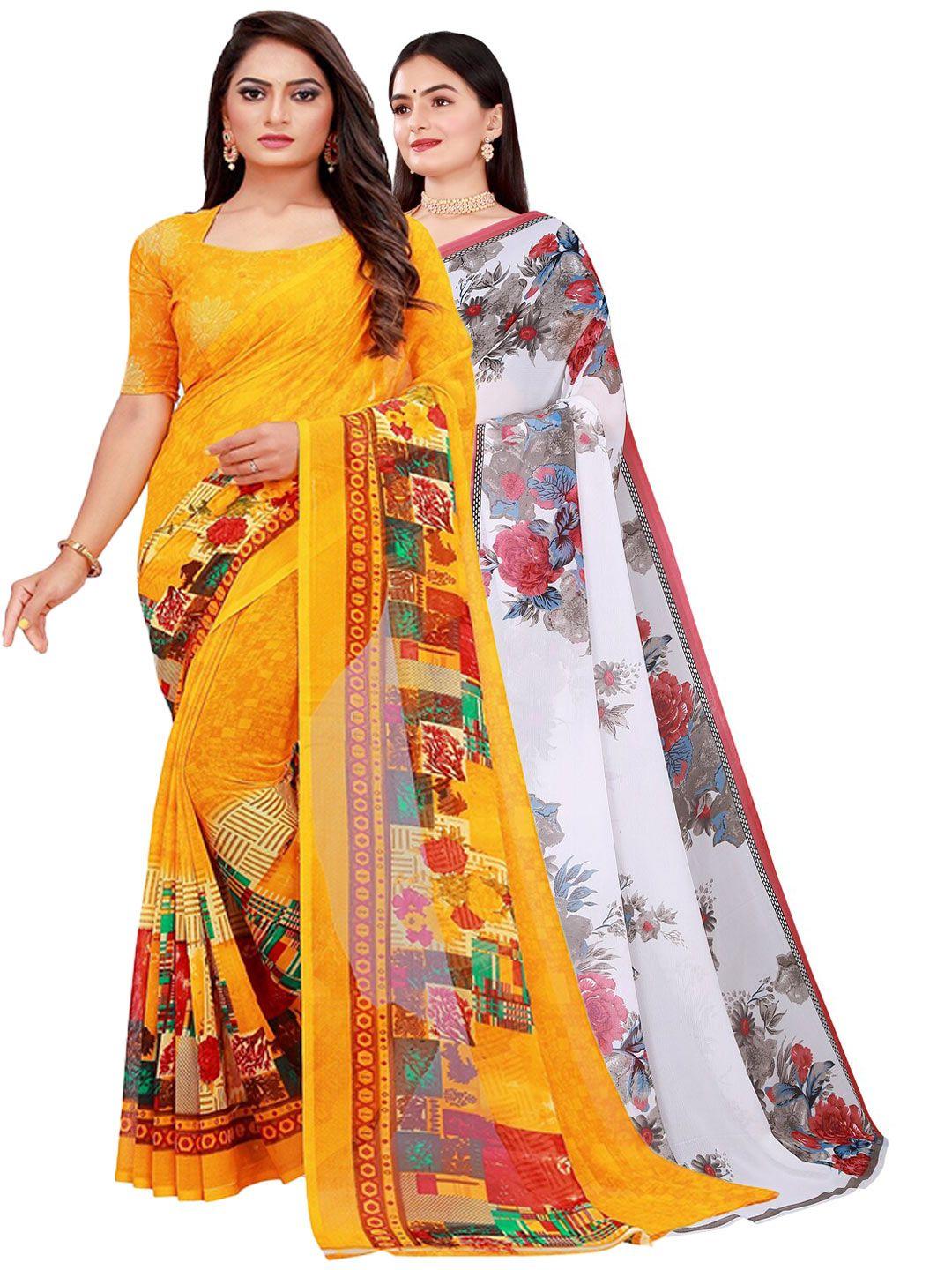 kalini pack of 2 yellow & white printed pure georgette sarees