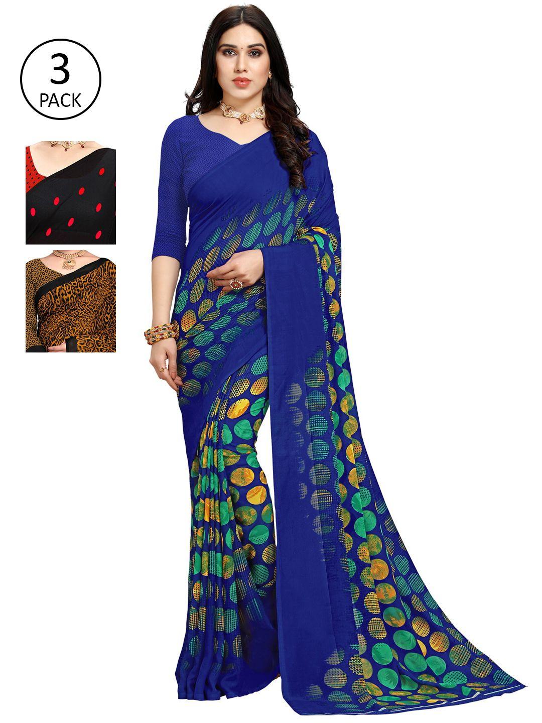 kalini pack of 3 khaki-coloured & blue saree