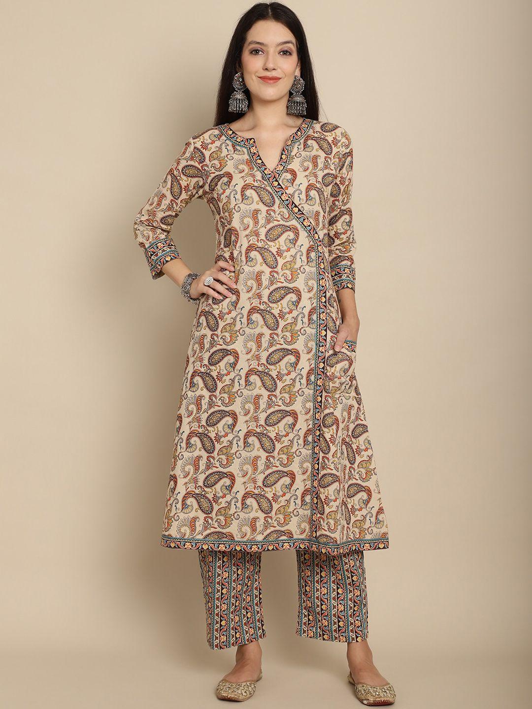 kalini paisley printed a-line angrakha pure cotton kurta with palazzos