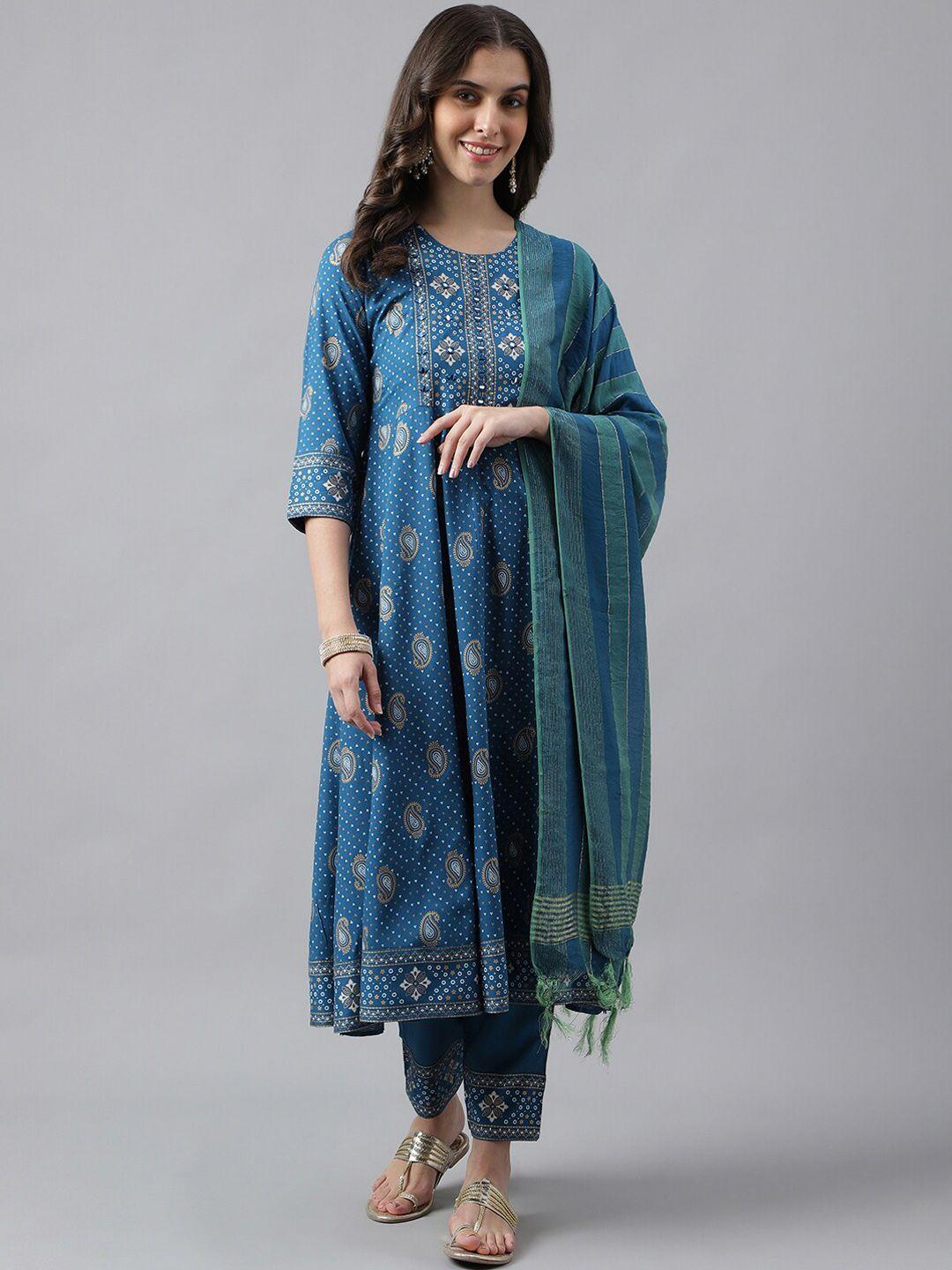 kalini paisley printed kurta & trousers with dupatta