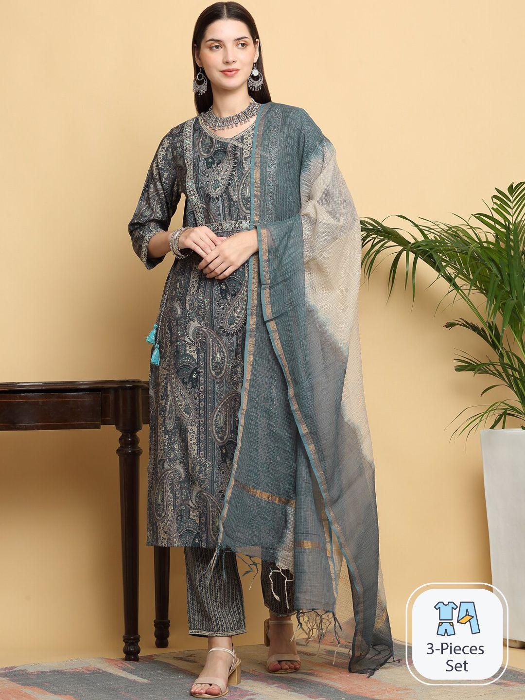 kalini paisley printed kurta & trousers with dupatta