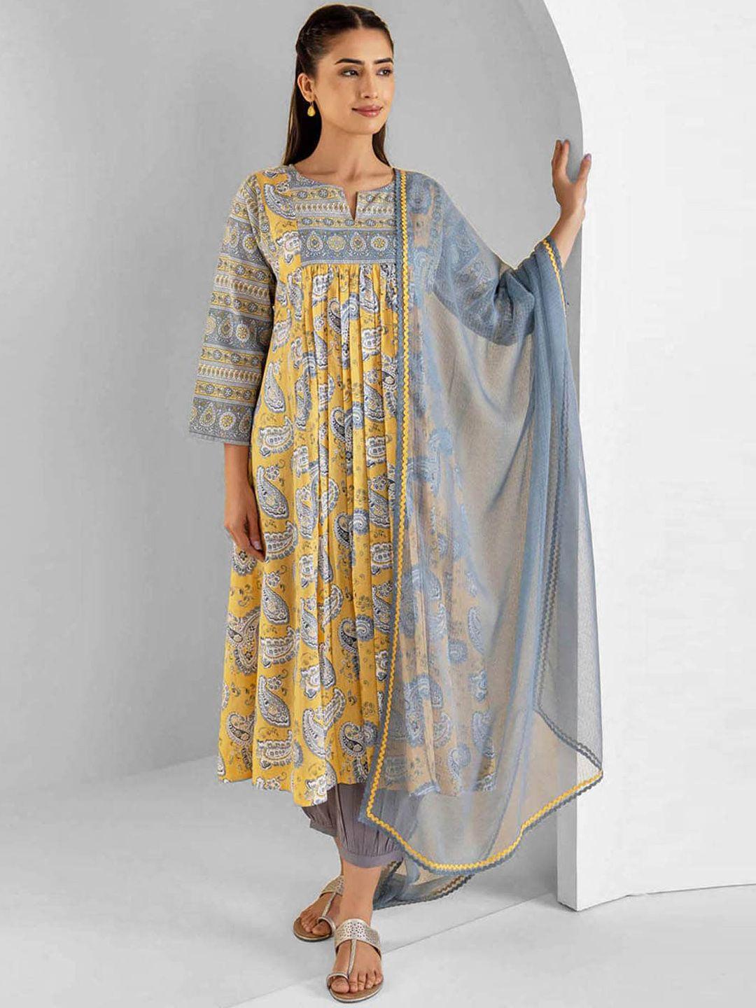kalini paisley printed pleated kurta & trousers with dupatta