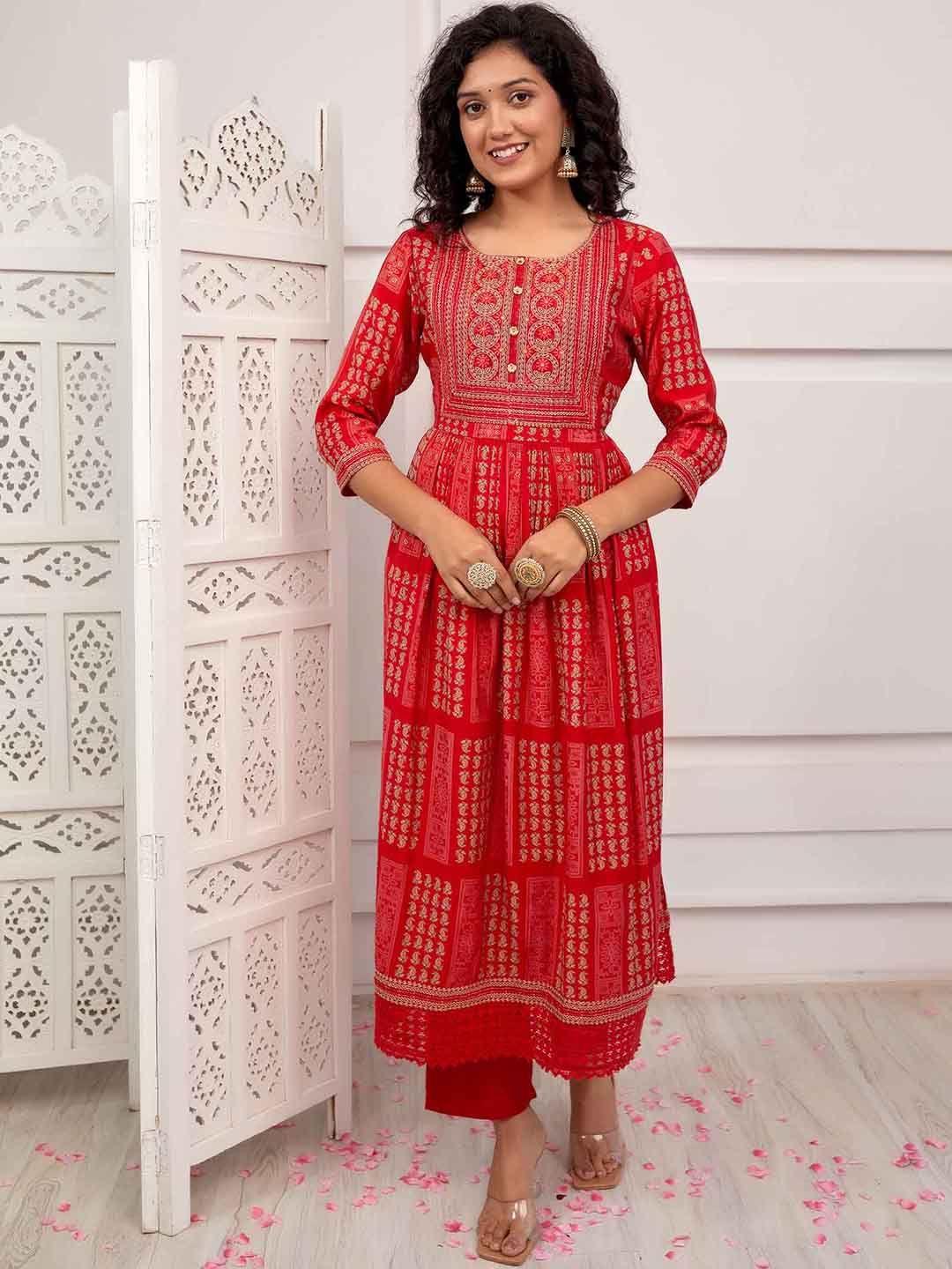 kalini paisley printed pleated thread work a-line kurta with trousers & with dupatta