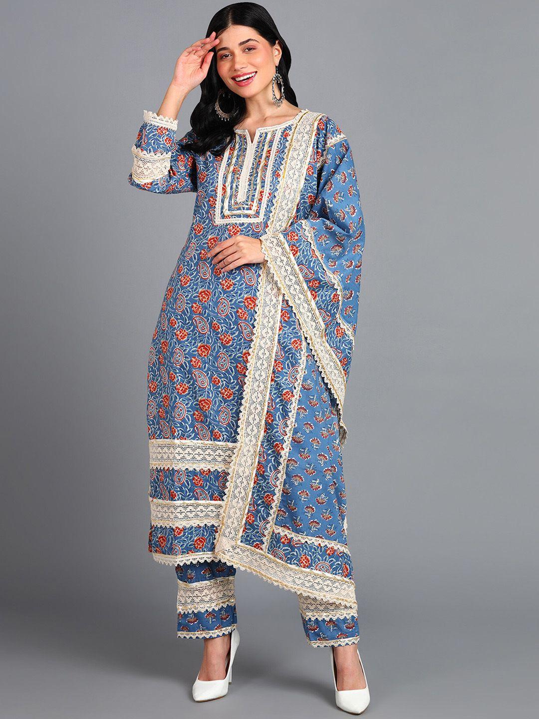 kalini paisley printed pure cotton kurta & trousers with dupatta