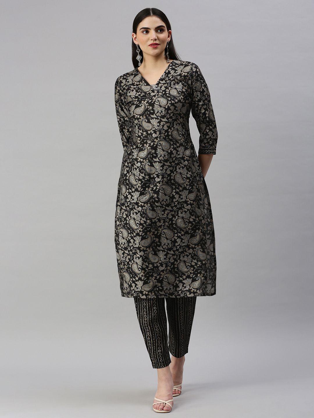 kalini paisley printed regular chanderi cotton kurta with trousers